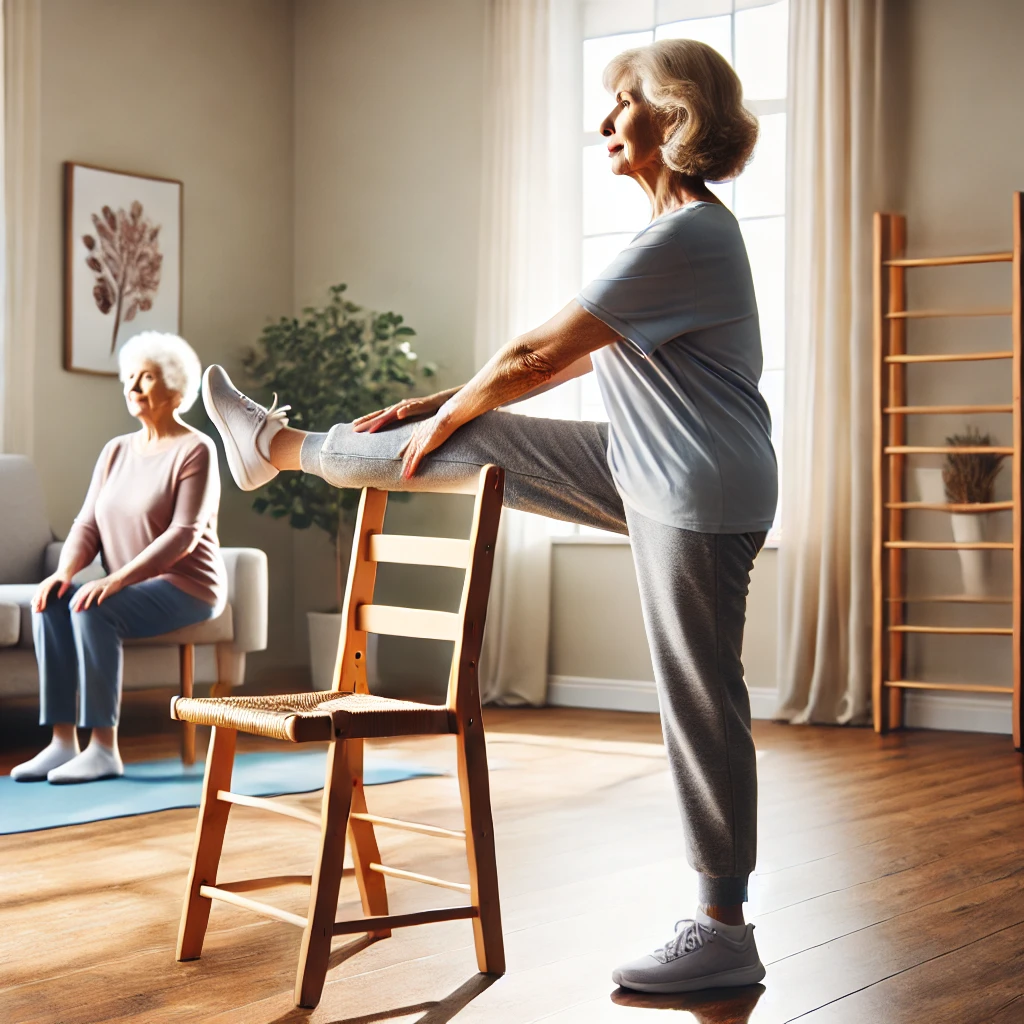 senior woman practicing a single-leg stand for balance