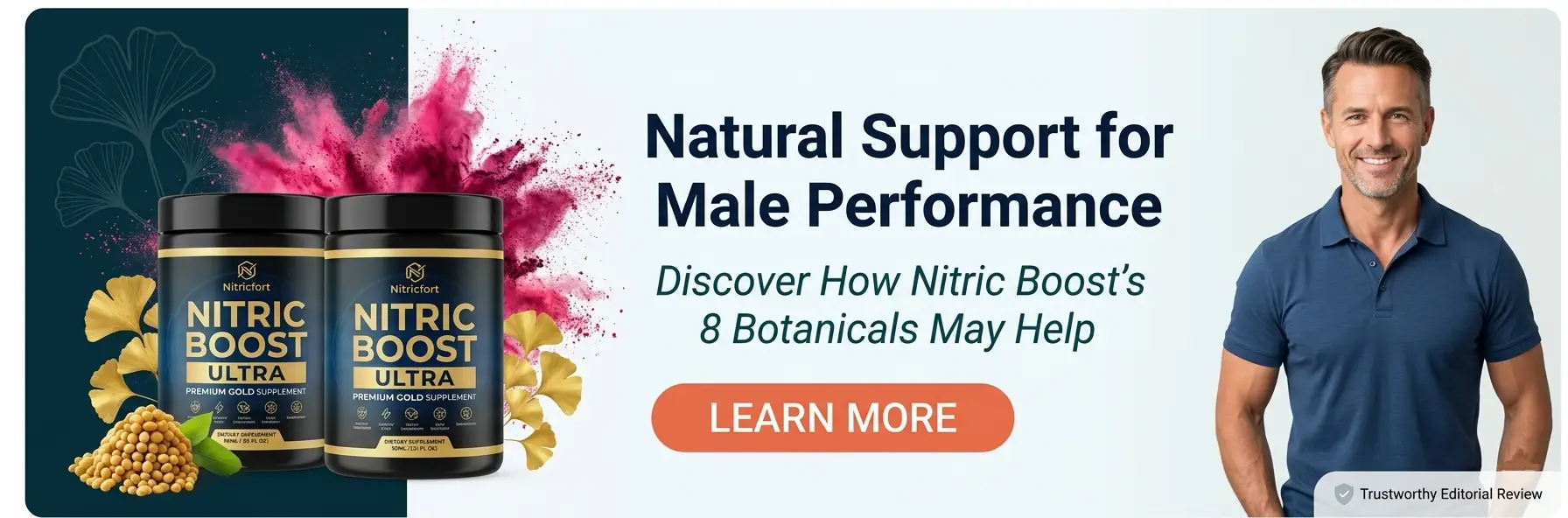 Nitric Boost Ultra plant-based nitric oxide powder supplement with 8 botanical           ingredients for natural male performance and blood flow support