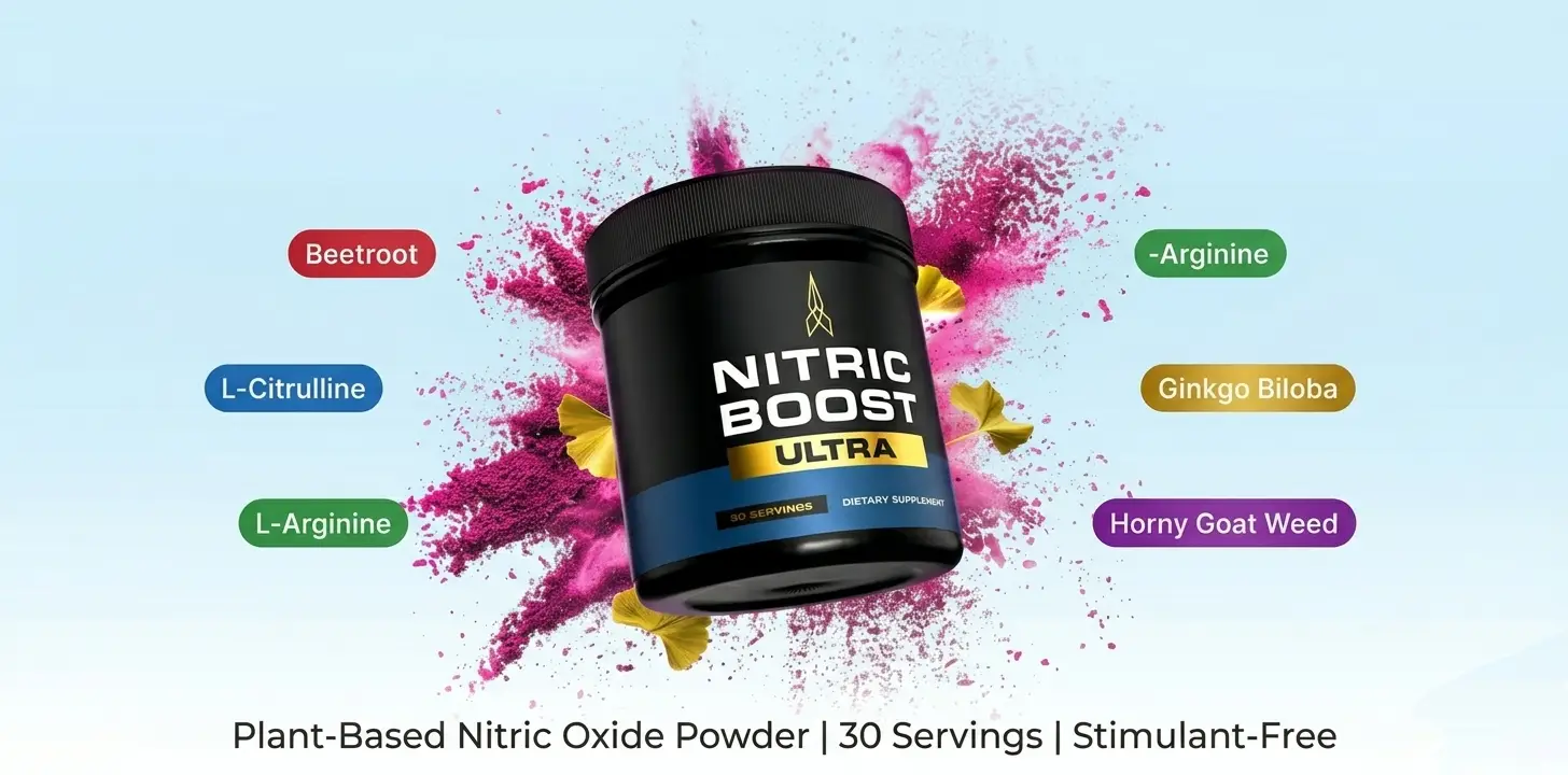 Nitric Boost Ultra black jar powder supplement with plant-based ingredients including beetroot L-citrulline L-arginine and ginkgo biloba for nitric oxide support
