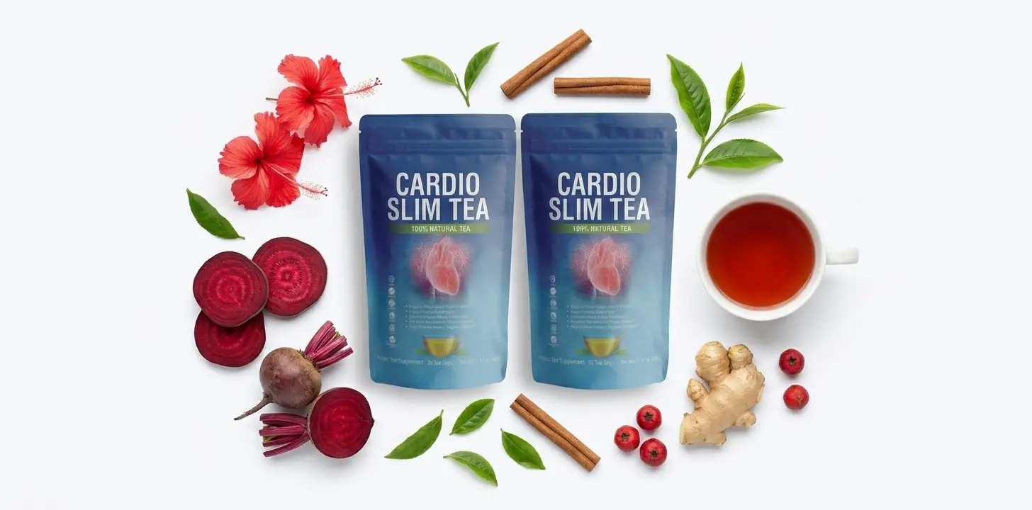 Cardio Slim Tea blue pouches surrounded by natural ingredients including hibiscus flowers beetroot ginger cinnamon and green tea leaves