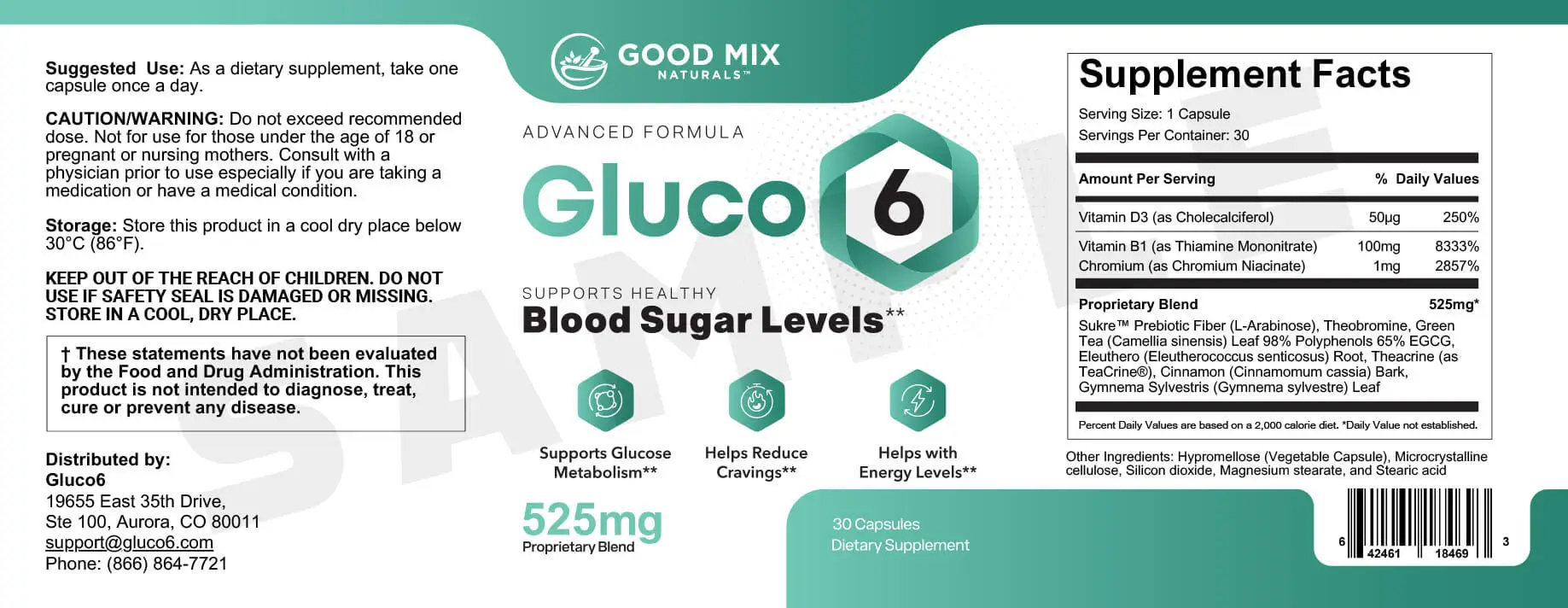 Gluco6 supplement facts label showing 525mg proprietary blend with Sukre L-Arabinose Theobromine Green Tea EGCG Eleuthero TeaCrine Cinnamon and Gymnema Sylvestre with Vitamin D3 B1 and Chromium Niacinate