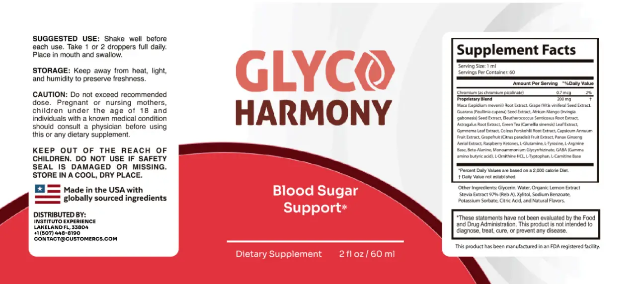 Glyco Harmony supplement facts label showing 
          chromium picolinate and 200mg proprietary blend 
          ingredients list