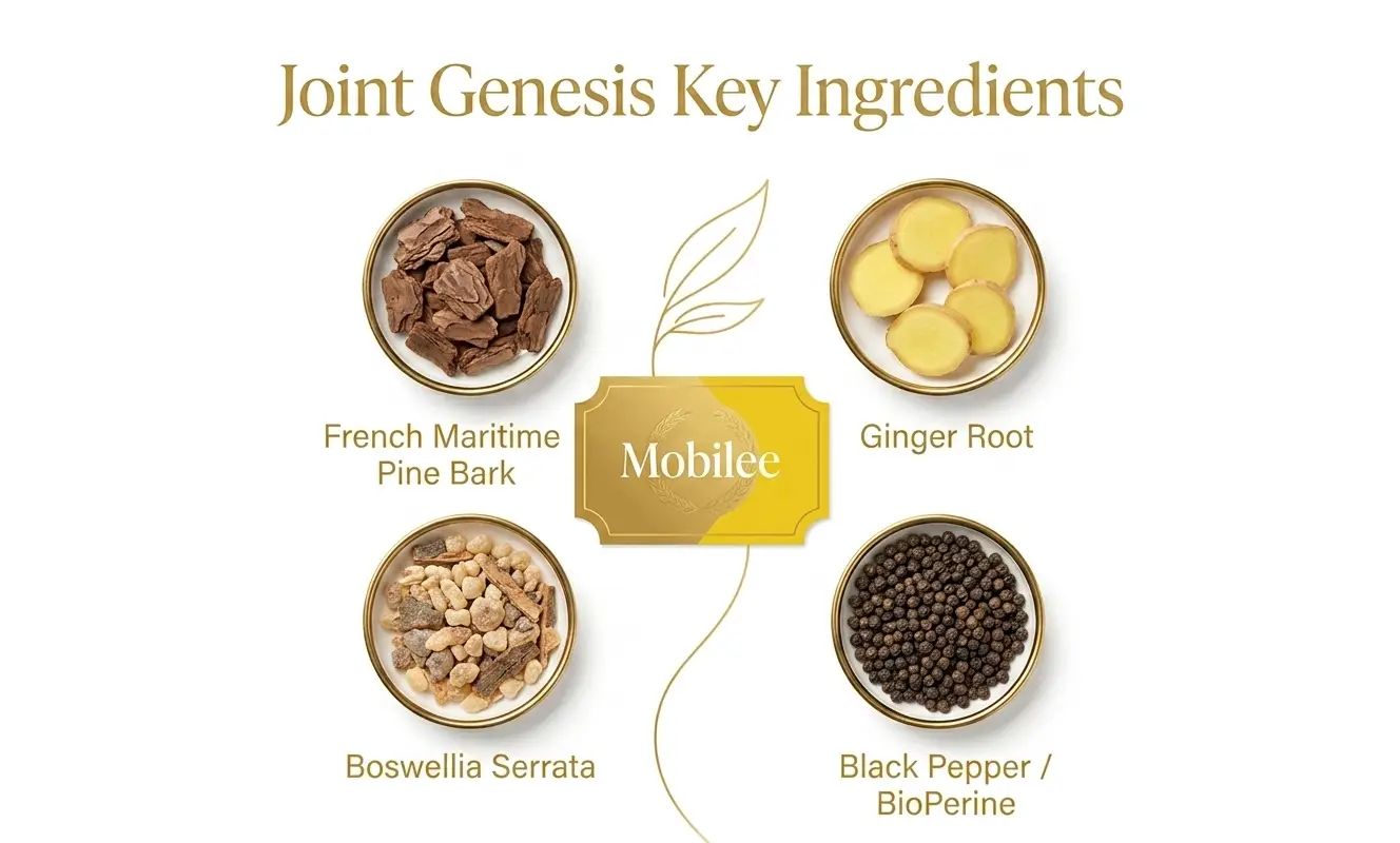 Joint Genesis ingredients showing Mobilee 
          hyaluronic acid French Maritime Pine Bark 
          Ginger Root Boswellia Serrata and BioPerine
