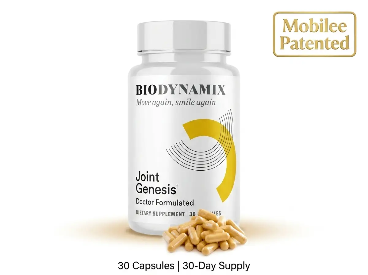 Joint Genesis BIODYNAMIX supplement bottle 
          30 capsules with Mobilee patented hyaluronic 
          acid matrix for synovial fluid and joint 
          health support
