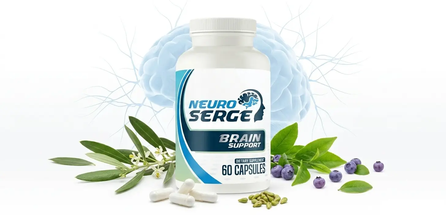 What Is Neuro Serge - Brain Support Nootropic Supplement 60 Capsules Neuro Serge brain support supplement bottle with natural nootropic ingredients including olive leaf green tea bilberry and grape seed for cognitive health and mental clarity